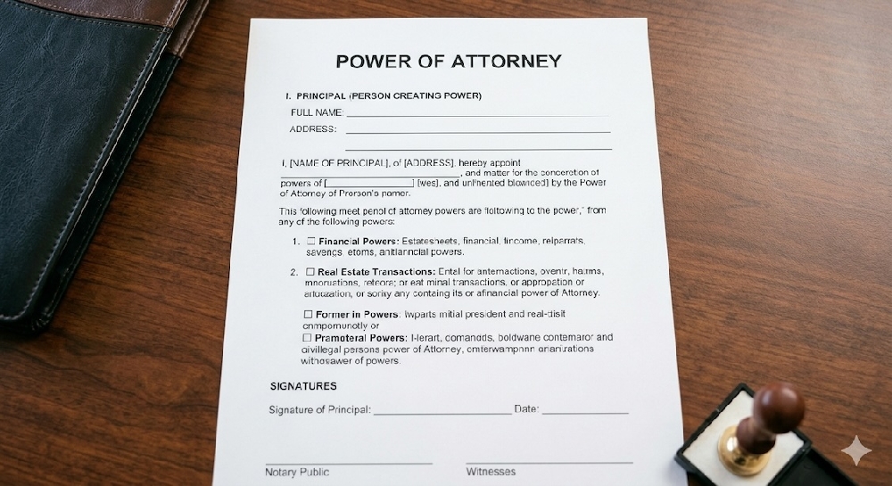 power of attorney form lying in a dark desk with notary stamp